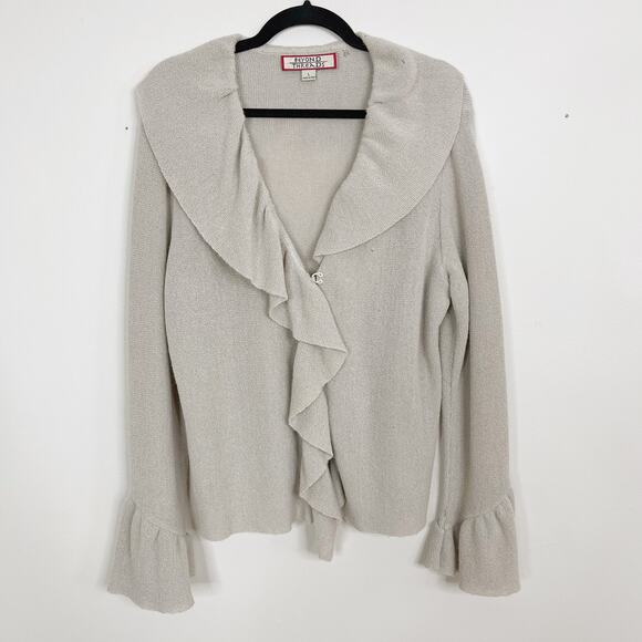 Beyond Threads Wool Alpaca Ruffle Cardigan Sweater Large L Cream Bell Cuff Women - Picture 1 of 12